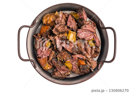 Braised Beef Cheek Stew, traditional Slow cooked meat isolated on white background. top view Braised Beef Cheek Stew, traditional Slow cooked meat isolated on white background. top view 130806270