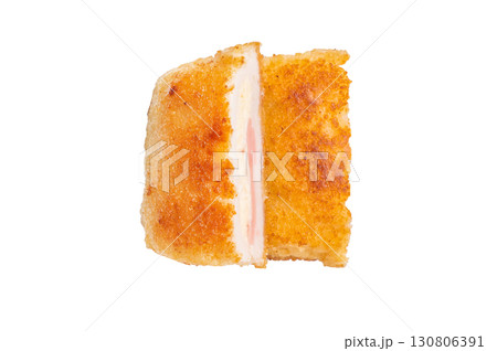 Fried Chicken cordon bleu cutlet with cheese and ham in breadcrumbs isolated on white backgroun Fried Chicken cordon bleu cutlet with cheese and ham in breadcrumbs isolated on white backgroun 130806391