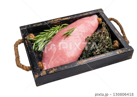 Raw poultry meat, fresh turkey breast fillet with herbs for cooking isolated on white background. top view Raw poultry meat, fresh turkey breast fillet with herbs for cooking isolated on white background. top view 130806418