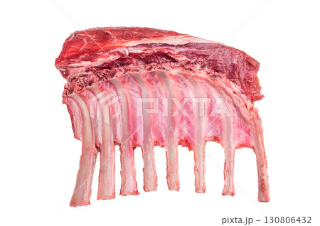 Raw rack of lamb, mutton cutlets isolated on white background. top view Raw rack of lamb, mutton cutlets isolated on white background. top view 130806432