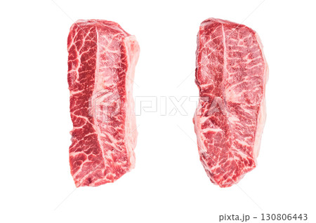 Raw Top blade steak, beef shoulder meat isolated on white background. top view Raw Top blade steak, beef shoulder meat isolated on white background. top view 130806443