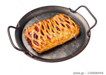 Danish pastry with a strawberry and cream cheese filling, isolated on white background. top view Danish pastry with a strawberry and cream cheese filling, isolated on white background. top view 130806444