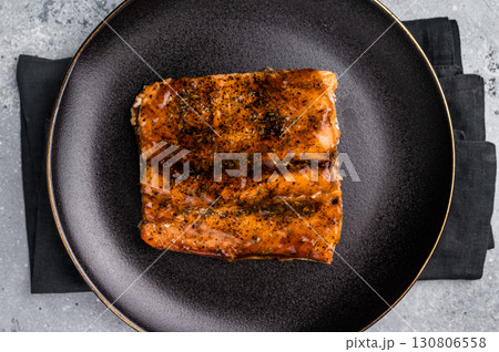 Japanese Teriyaki salmon fish fillet with sauce glaze. grey background. top view 130806558