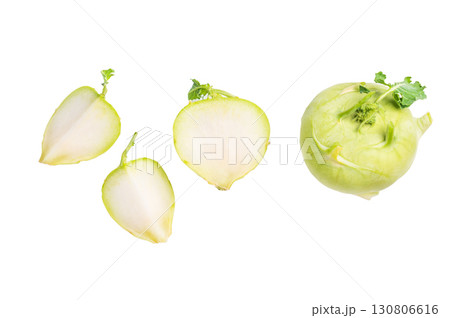 Raw kohlrabi sliced on pieces isolated on white backround. top view 130806616