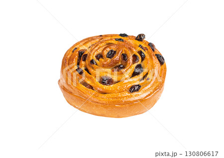 Danish raisin pastry swirls isolated on white background. top view 130806617
