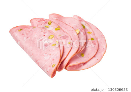 Mortadella Bolognese sausage slices with pistachios isolated on white background. top view Mortadella Bolognese sausage slices with pistachios isolated on white background. top view 130806628