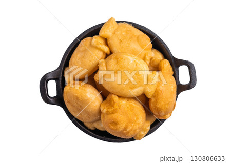 Korean winter snack Bungeoppang, Fish shaped Waffle with sweet filling isolated on white background. top view 130806633