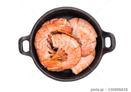 Raw Headless Red Argentine shrimps, Prawns in a skillet isolated on white background. top view 130806638