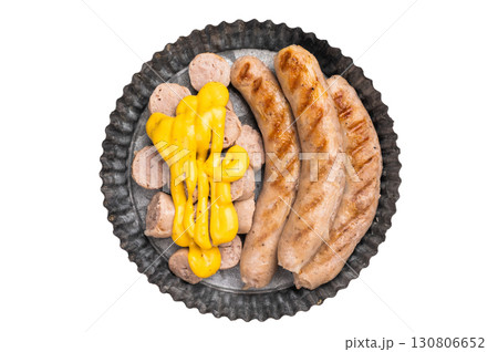 Grilled Bratwurst Sausages with cheese sauce in plate isolated on white background. top view Grilled Bratwurst Sausages with cheese sauce in plate isolated on white background. top view 130806652