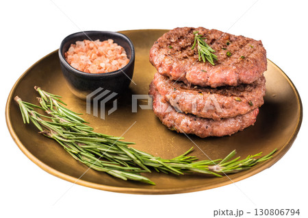 BBQ roasted hamburger chopped meat steaks patties with rosemary isolated on white background BBQ roasted hamburger chopped meat steaks patties with rosemary isolated on white background 130806794