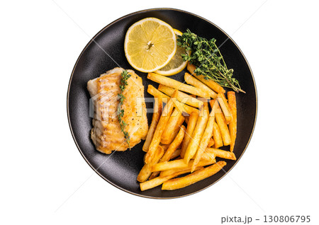 Homemade Fish and chips with roast cod whitefish fillet and fried potatoes on plate isolated on white background Homemade Fish and chips with roast cod whitefish fillet and fried potatoes on plate isolated on white background 130806795