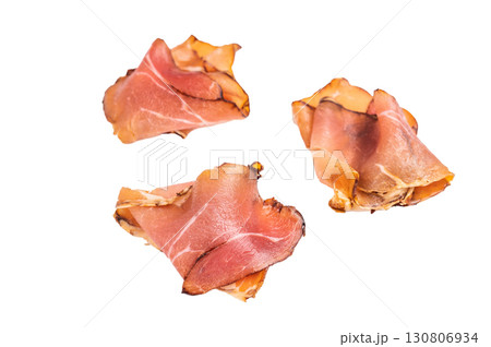 Sliced Spanish jamon iberico isolated on white background. top view Sliced Spanish jamon iberico isolated on white background. top view 130806934