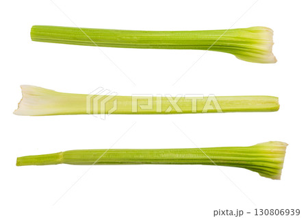 Fresh uncooked celery sticks isolated on white background, top view Fresh uncooked celery sticks isolated on white background, top view 130806939