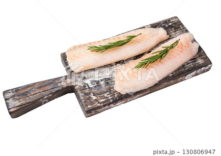 Raw cod Loin, white fish fillets without skin on wooden board isolated on white background Raw cod Loin, white fish fillets without skin on wooden board isolated on white background 130806947