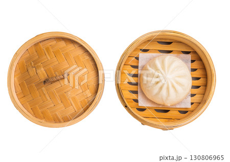 Momo with meat in bamboo steamer isolated on white background. top view 130806965