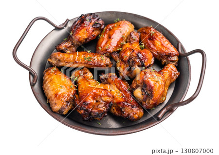 Savory grilled chicken wings smothered in tangy barbecue sauce, the ultimate treat for meat lovers and party enthusiasts. isolated on white background. top view Savory grilled chicken wings smothered in tangy barbecue sauce, the ultimate treat for meat lovers and party enthusiasts. isolated on white background. top view 130807000