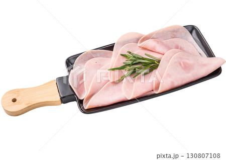 Delicious ham sandwich stacked high with fresh veggies, perfect for a quick lunch or picnic delight. isolated on white background. top view 130807108