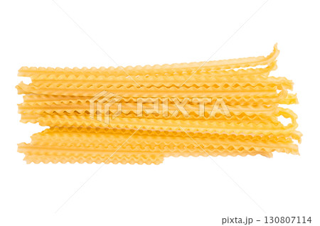 Uncooked mafaldine, ready to be transformed into a delicious dish that highlights its delightful texture. isolated on white background. top view 130807114