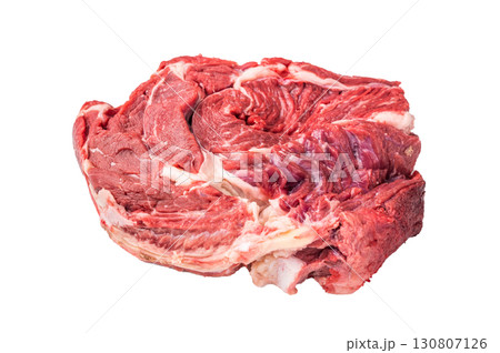 Uncooked beef neck cuts, ideal for braising or simmering to achieve tender, mouthwatering meals. isolated on white background. top view Uncooked beef neck cuts, ideal for braising or simmering to achieve tender, mouthwatering meals. isolated on white background. top view 130807126