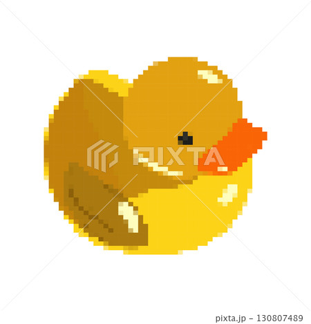 Yellow pixel duckling on white background, children bath toy rubber duck, bathing duck in cartoon style for games and websites, gaming user interface 130807489