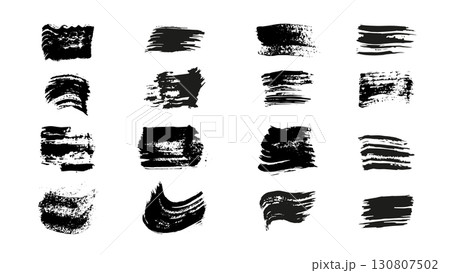Set of black grunge hand drawn ink strokes, careless stripes drawn with thick dry brush with noise and dust, collection of black brush stripes on white background, grunge elements for decoration 130807502