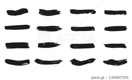 Grunge elements for text background, set of black rectangles drawn with ink, uneven stripes drawn with dry brush with abrasive effect, collection of black stripes with dust on white background, 130807505