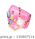 Pink handbag and cosmetic bag with makeup watercolor illustration 130807514