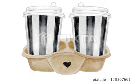 Coffee cups holder watercolor illustration. Hand drawn two glasses of hot cappuccino on a coaster. Food clip art. Ideal for bakery prints, postcards and pastry shop posters. Coffee cups holder watercolor illustration. Hand drawn two glasses of hot cappuccino on a coaster. Food clip art. Ideal for bakery prints, postcards and pastry shop posters. 130807661