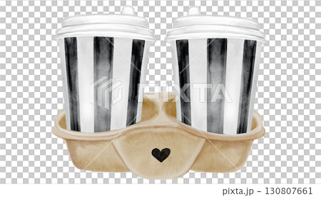 Coffee cups holder watercolor illustration. Hand drawn two glasses of hot cappuccino on a coaster. Food clip art. Ideal for bakery prints, postcards and pastry shop posters. Coffee cups holder watercolor illustration. Hand drawn two glasses of hot cappuccino on a coaster. Food clip art. Ideal for bakery prints, postcards and pastry shop posters. 130807661