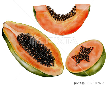 Papaya watercolor. Hand drawn ripe tropical fruit on white background. Ideal for logo, cosmetics and product packaging Papaya watercolor. Hand drawn ripe tropical fruit on white background. Ideal for logo, cosmetics and product packaging 130807663