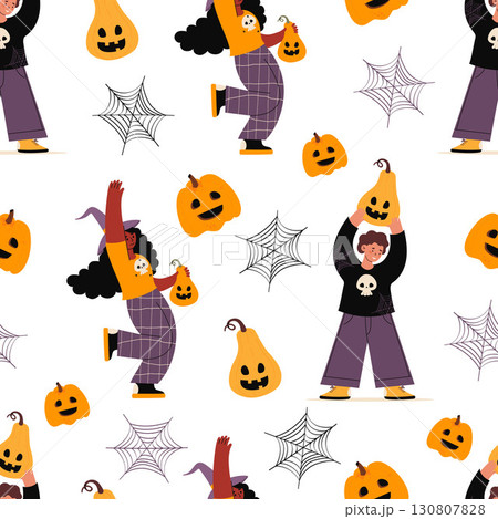 Halloween Seamless pattern. Cute diverse Girl In Witch Hat and Pumpkin jack o lantern on white background with cobwebs. Vector illustration for festive design, packaging, wallpaper, textile. Not AI 130807828