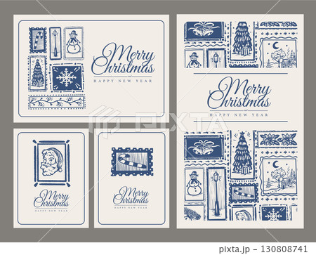 Vintage Christmas card template mark stamp retro holiday greeting illustration festive design 130808741