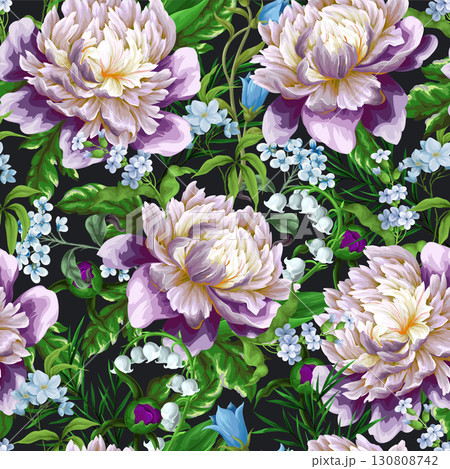Seamless vector floral pattern with peony lilies and spring blossoms. 130808742