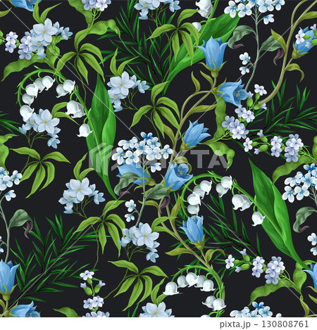 Seamless vector floral pattern with bluebells, lilies and green leaves Seamless vector floral pattern with bluebells, lilies and green leaves 130808761