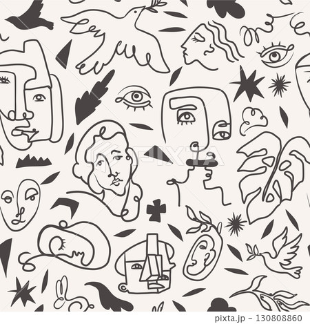 Abstract seamless pattern style lineart elements with faces birds plants. Abstract seamless pattern style lineart elements with faces birds plants. 130808860