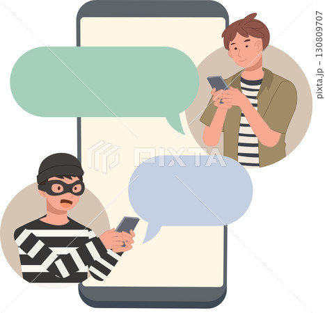 online scam cyber crime and fraud alert with scammer and man chatting on smartphone illustration online scam cyber crime and fraud alert with scammer and man chatting on smartphone illustration 130809707