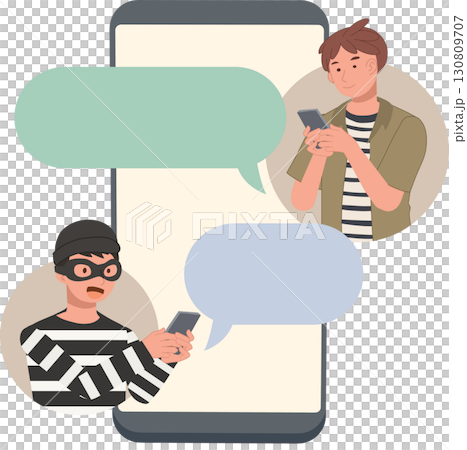 online scam cyber crime and fraud alert with scammer and man chatting on smartphone illustration online scam cyber crime and fraud alert with scammer and man chatting on smartphone illustration 130809707