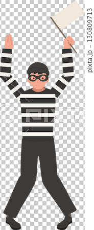 a thief in striped shirt and mask standing with raised arms holding a white flag symbolizing surrender caught during a crime scene 130809713