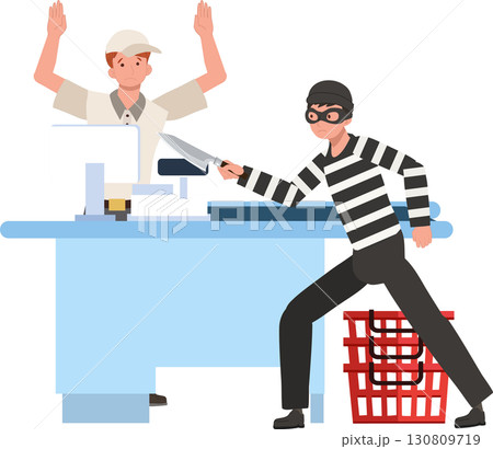 thief with knife shoplifting cartoon at convenience store cashier counter robbery and stealing money 130809719