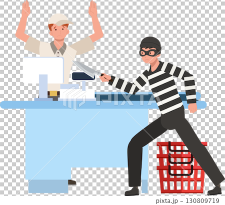thief with knife shoplifting cartoon at convenience store cashier counter robbery and stealing money 130809719