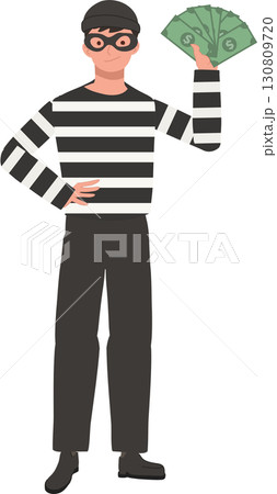 thief robber burglar in striped shirt holding cash. thief robber burglar in striped shirt holding cash. 130809720