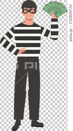 thief robber burglar in striped shirt holding cash. thief robber burglar in striped shirt holding cash. 130809720