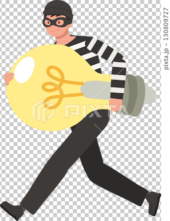 thief in striped shirt running with large light bulb shows idea theft where a business concept is stolen highlighting creativity 130809727