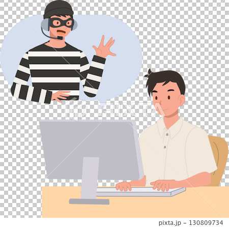 online scam deception with student boy at computer showing criminal fraud call center trick and youth internet danger awareness 130809734