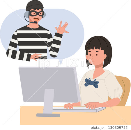 a school girl sitting at her desk with a computer as a scammer talks to her, cyber crime, online fraud. 130809735