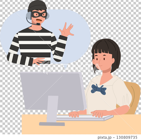 a school girl sitting at her desk with a computer as a scammer talks to her, cyber crime, online fraud. 130809735