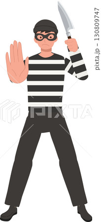 thief character masked man with knife striped outfit concept of armed robbery dangerous criminal activity thief character masked man with knife striped outfit concept of armed robbery dangerous criminal activity 130809747