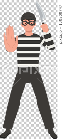 thief character masked man with knife striped outfit concept of armed robbery dangerous criminal activity thief character masked man with knife striped outfit concept of armed robbery dangerous criminal activity 130809747