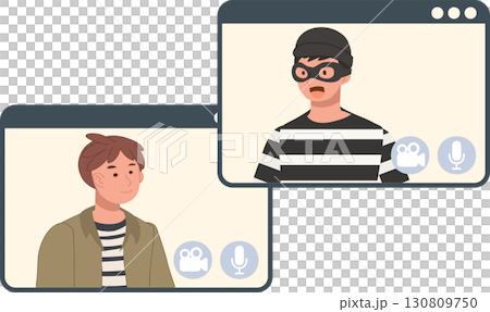 a scammer in striped shirt and mask impersonating another person during online video call highlighting fraud identity theft and cybercrime risks 130809750
