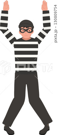 robber character wearing striped outfit black mask surrendering by hands raised 130809754